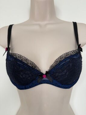 Agent Provocateur Black Navy Sheer Lace Trim Underwire Bra 32C